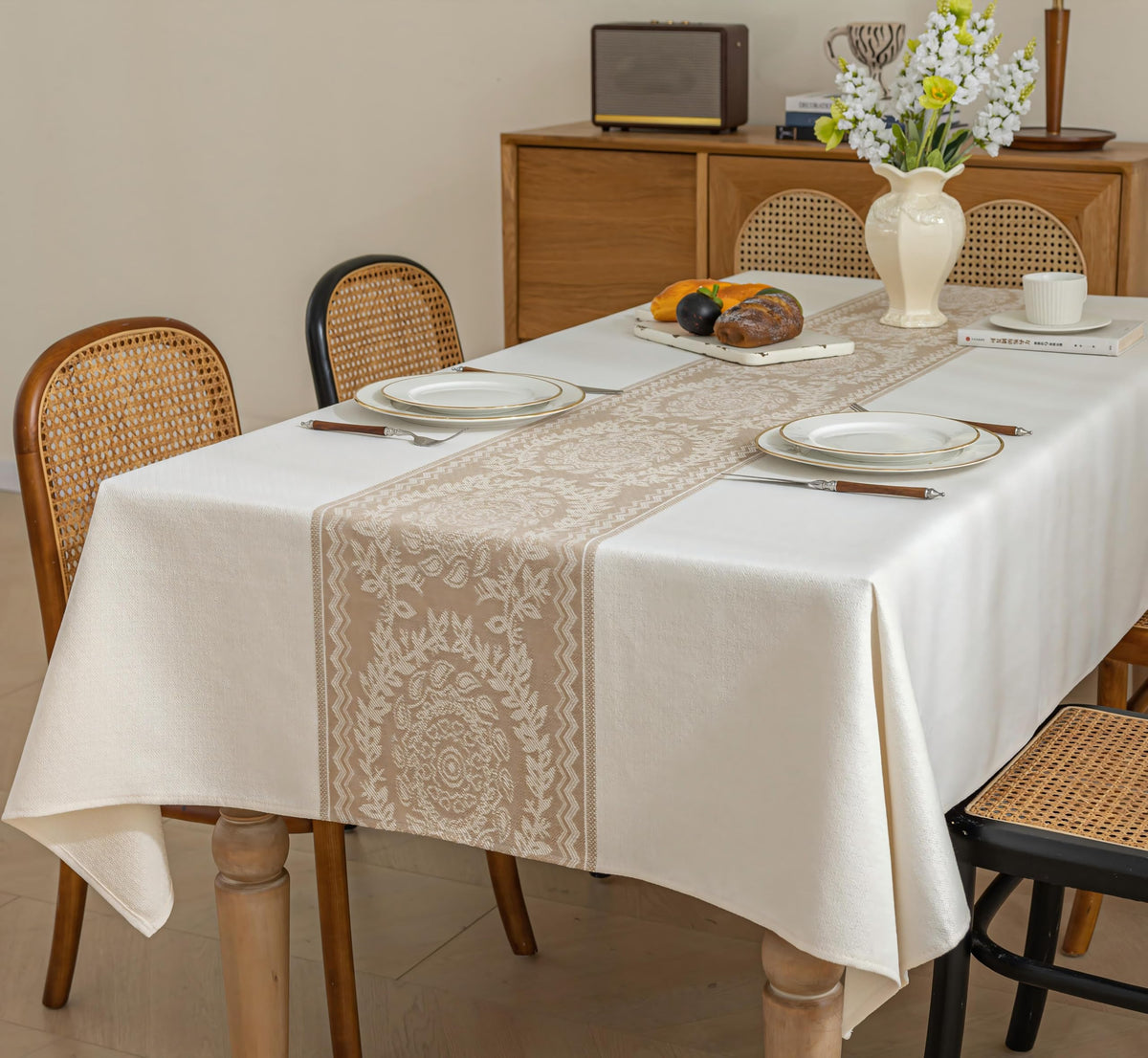 Nordic Beige Rectangular Tablecloth, Premium Drape