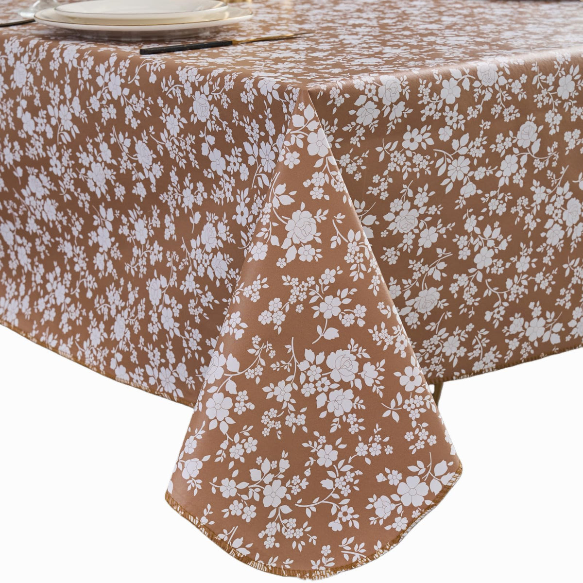 Pioggia Vinyl Tablecloth with Flannel Backing - Waterproof, Oil-Proof, Easy to Clean -Plastic Table Cloth - Perfect for Dining Tables, Kitchen Tables, Parties (Beige Flower, 54×72 Inch Rectangular)