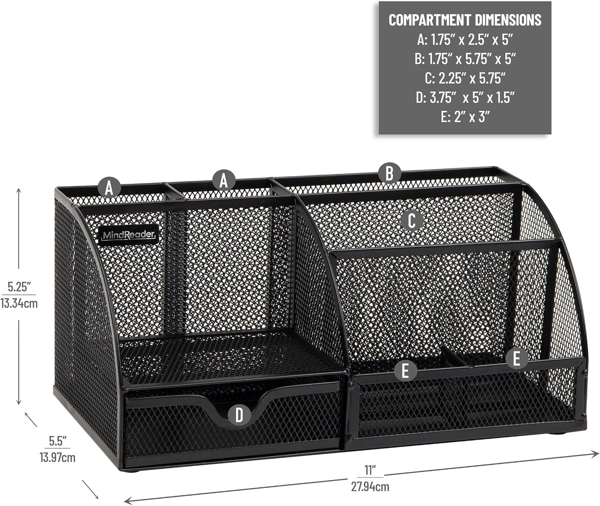 Mind Reader 7-Compartment Metal Mesh Desktop Organizer, Black