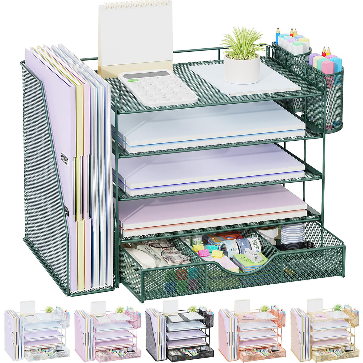 gianotter Desk Organizers and Accessories with File Holder, 4-Tier Desk Accessories & Workspace Organizers with Drawer and 2 Pen Holder, Paper Organizer for Office Supplies(Gold)