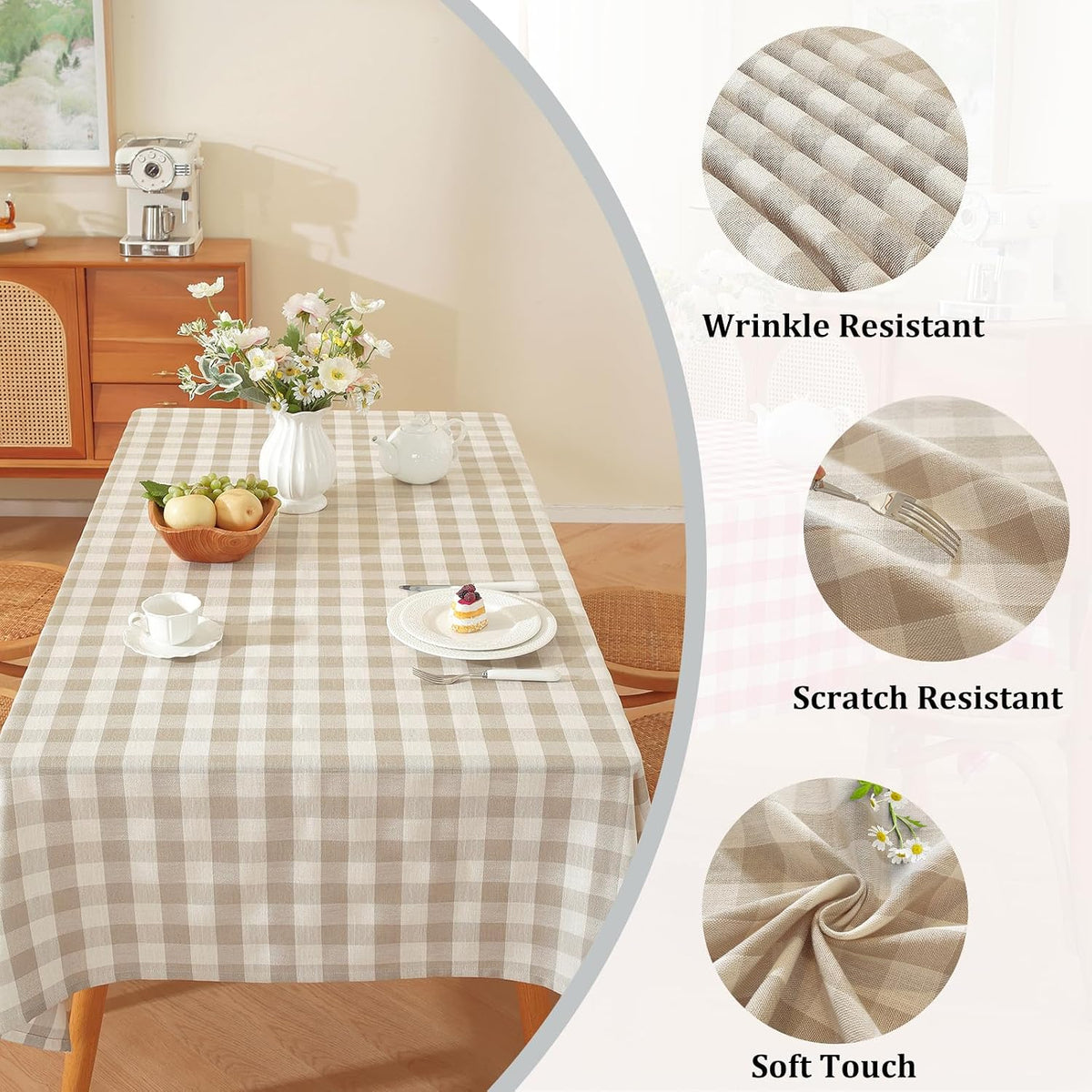 Alsoo Checkered Tablecloth Rectangle Washable Buffalo Plaid Table Cloth Cotton Linen Gingham Table Cover for Picnic Kitchen Dining Room, Beige and White, 60 * 75
