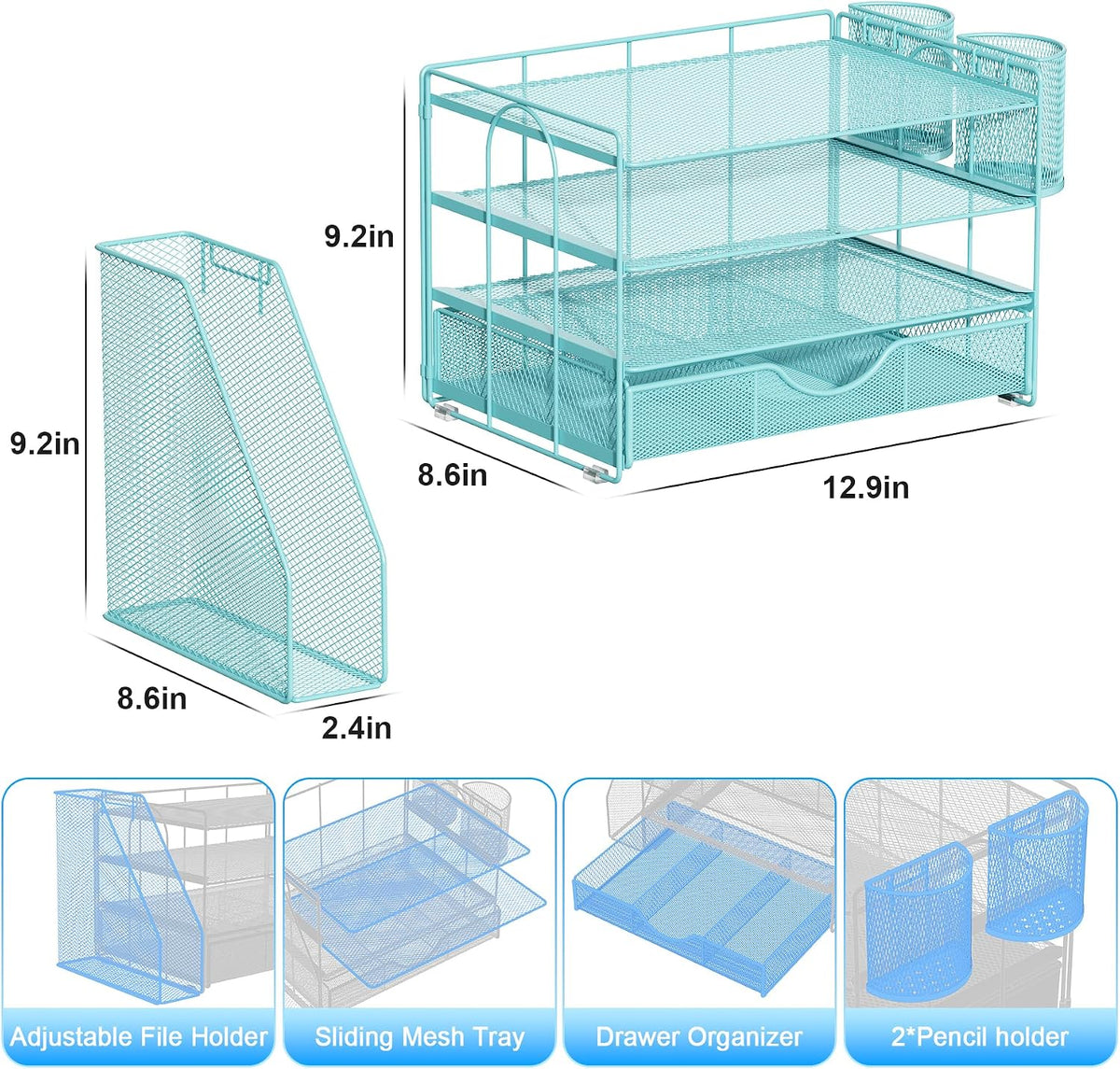 gianotter Desk Organizers and Accessories with File Holder, 4-Tier Desk Accessories & Workspace Organizers with Drawer and 2 Pen Holder, Paper Organizer for Office Supplies (Blue)