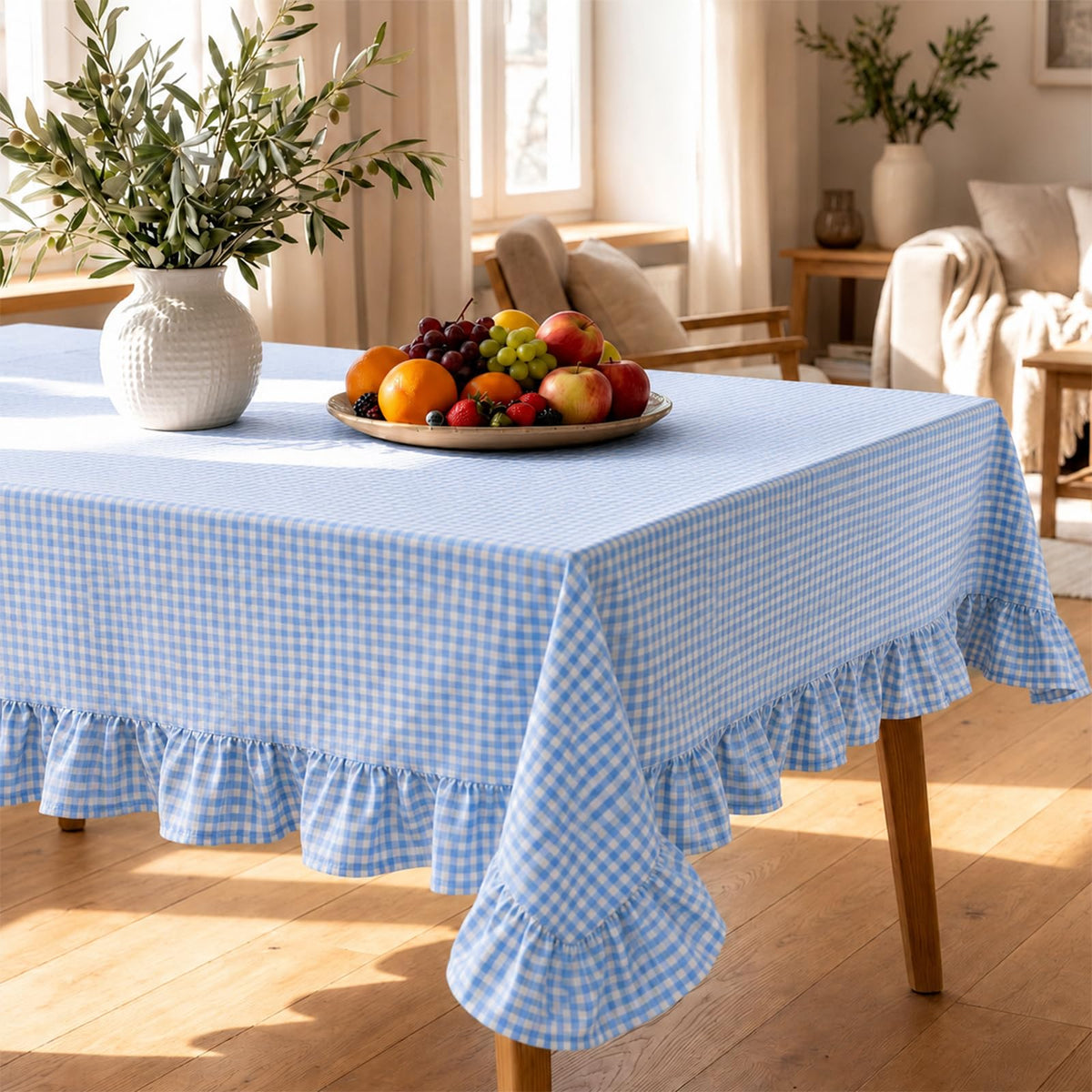 Green White Gingham Ruffled Tablecloth Rectangle 55" x 70" Farmhouse Cotton Plaid Table Cloth with Short Ruffle, Checker Table Cover for Boho Dining Room Kitchen Picnic Home Party Decoration