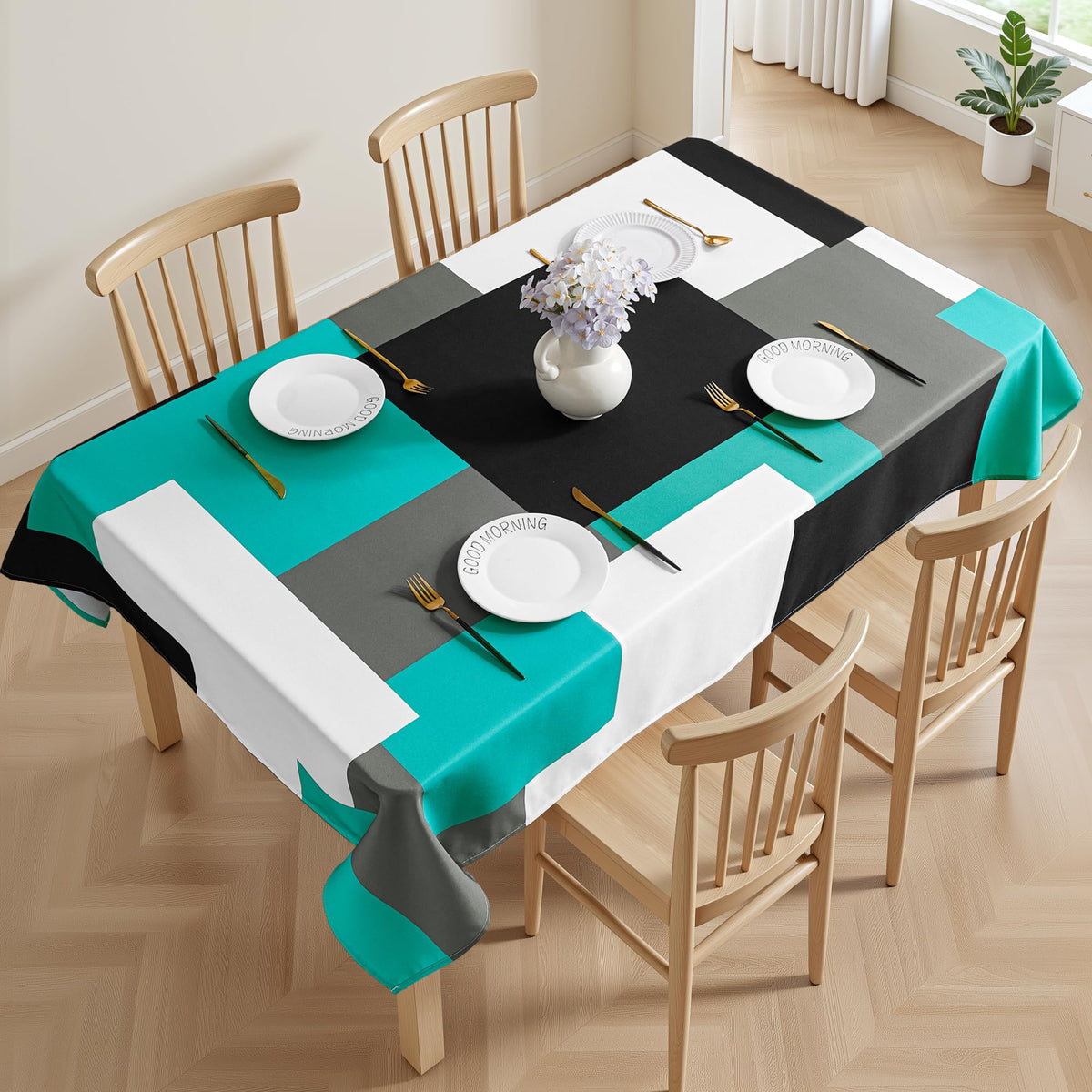 Tyrot Black Grey White Rectangle Tablecloth Modern Geometric Table Cover Waterproof Wrinkle Resistant Table Cloth for Dining Kitchen Party Picnic Patio Indoor and Outdoor 60x84 Inches