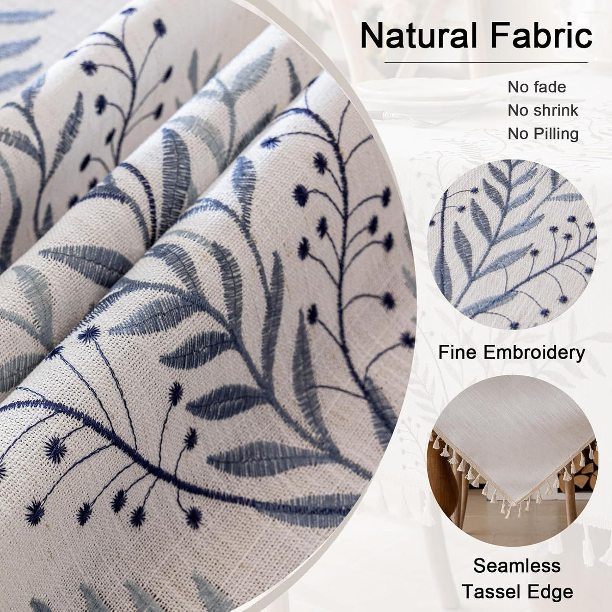 Joyfol Day Rustic Waterproof Linen Tablecloth, Heavy Weight Fern Embroidery Table Cloths for Rectangle Tables, Farmhouse Spill-Proof Table Covers with Tassels, Blue 55''x 70''