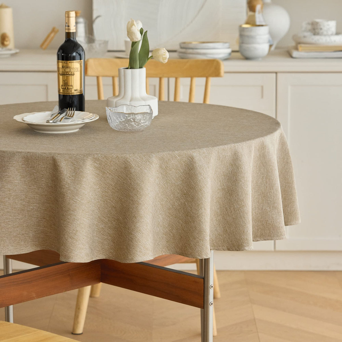 Decorelia Waterproof Round Tablecloth for Round Dining Table, Decorative Rustic Soft Wipeable Table Cloths Cover Indoor Outdoor Use for Holiday,Wedding, Kitchen (70 Inch,Round (4-6 Seats),Beige)