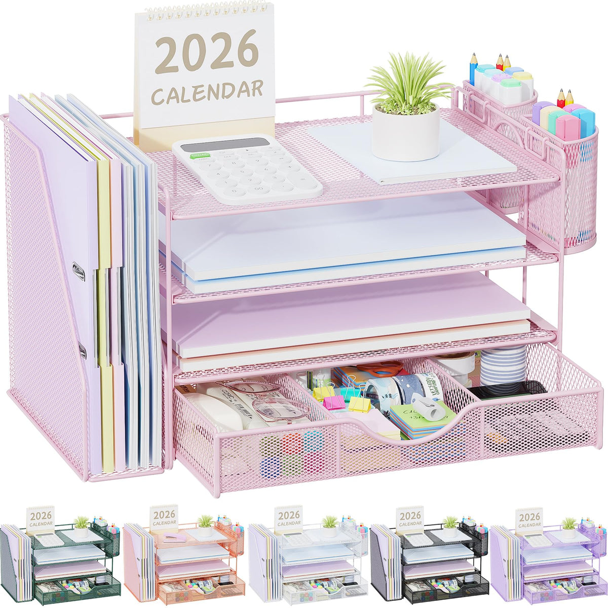 gianotter Desk Organizers and Accessories with File Holder, 4-Tier Desk Accessories & Workspace Organizers with Drawer and 2 Pen Holder, Paper Organizer for Office Supplies (Blue)