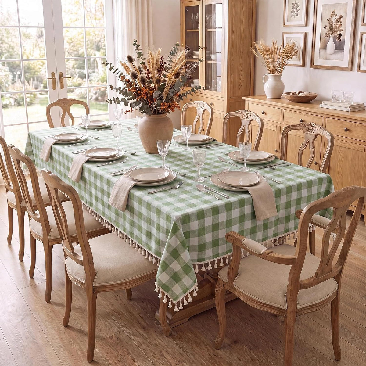 Romanstile Gingham Tassel Tablecloth Rectangle - 55 x 70 Inch, Sage Green