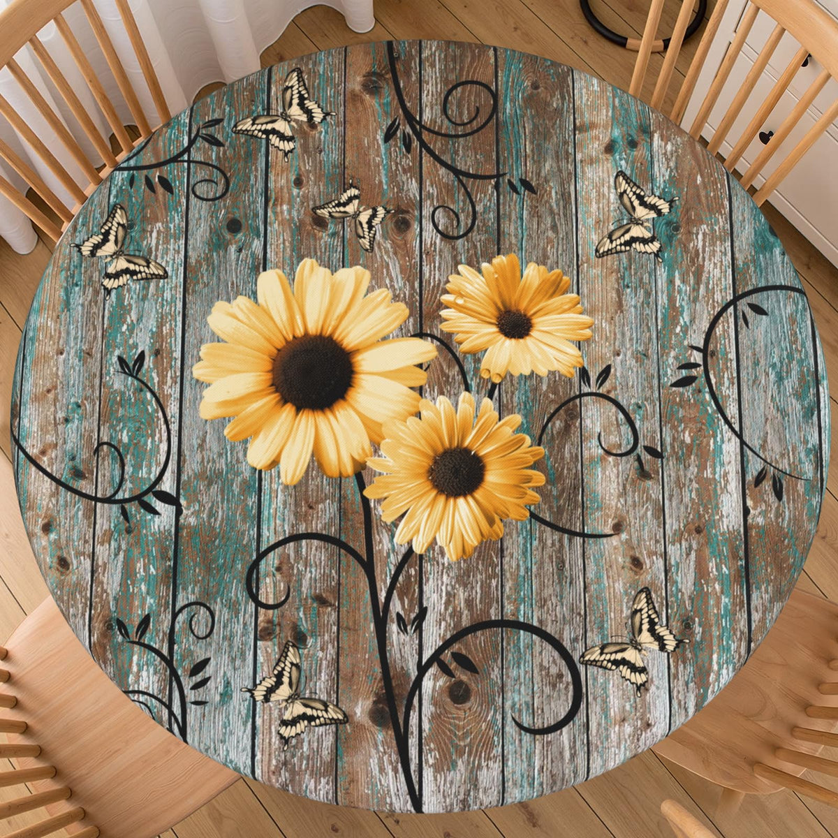 Fall Round Fitted Tablecloth with Elastic Edge Orange Blue White Thanksgiving Pumpkin Table Cover 40-44 Inch Autumn Leaf Washable Table Cloth for Kitchen Dining Room Party Decor