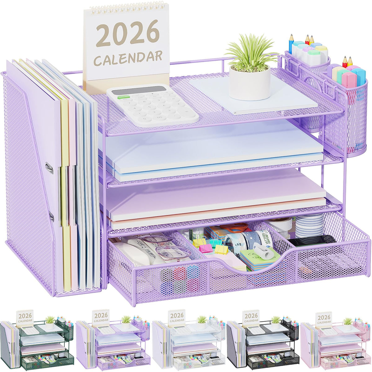 gianotter Desk Organizers and Accessories with File Holder, 4-Tier Desk Accessories & Workspace Organizers with Drawer and 2 Pen Holder, Paper Organizer for Office Supplies(Gold)