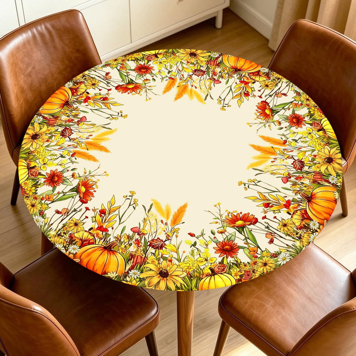 Fall Round Fitted Tablecloth with Elastic Edge Orange Blue White Thanksgiving Pumpkin Table Cover 40-44 Inch Autumn Leaf Washable Table Cloth for Kitchen Dining Room Party Decor