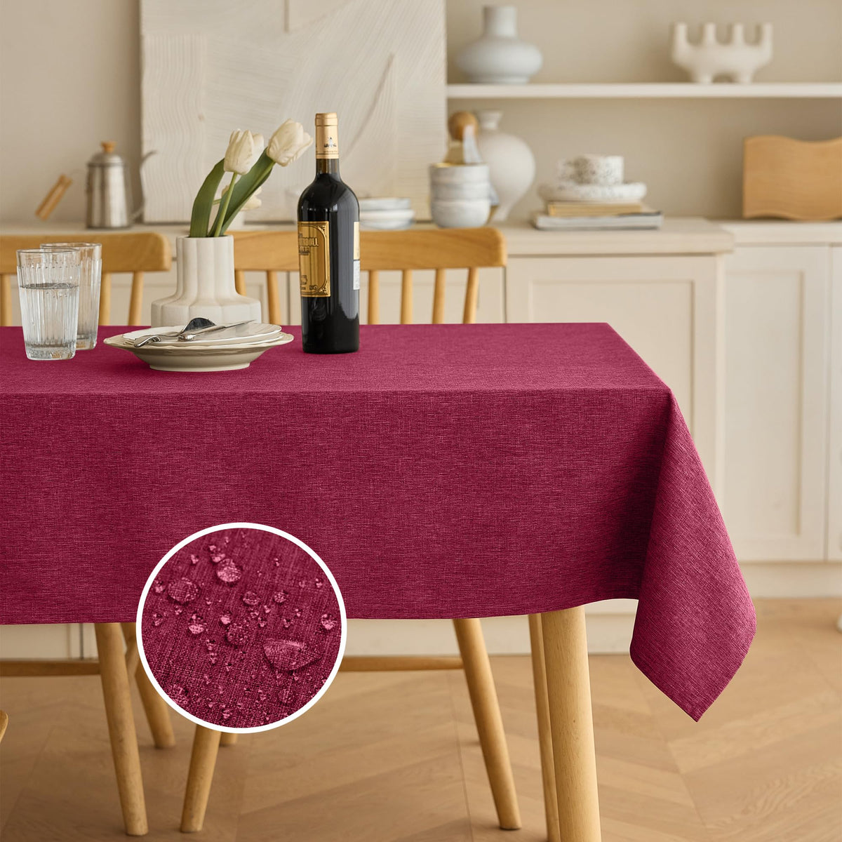 Decorelia Waterproof Round Tablecloth for Round Dining Table, Decorative Rustic Soft Wipeable Table Cloths Cover Indoor Outdoor Use for Holiday,Wedding, Kitchen (70 Inch,Round (4-6 Seats),Beige)