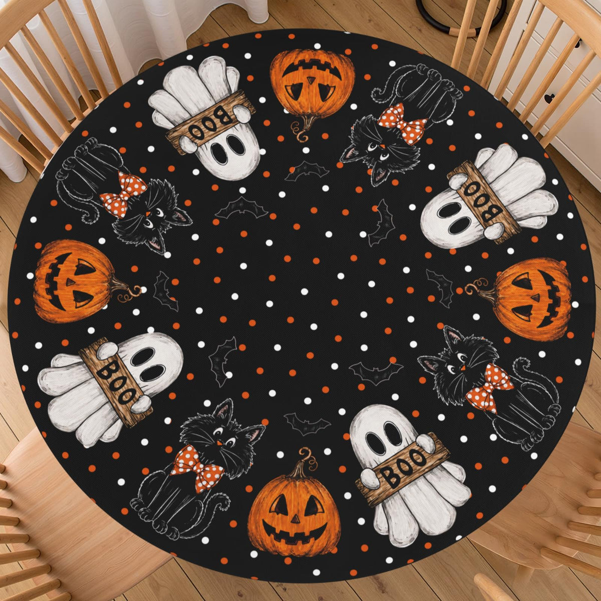 Halloween Polka Dot Round Fitted Tablecloth with Elastic Black Cat Ghost Pumpkin Bat Bowtie Whimsical Table Cloth Decorative Washable Spooky Cute Table Cover Outdoor Kitchen Dining for 44"-48" Table