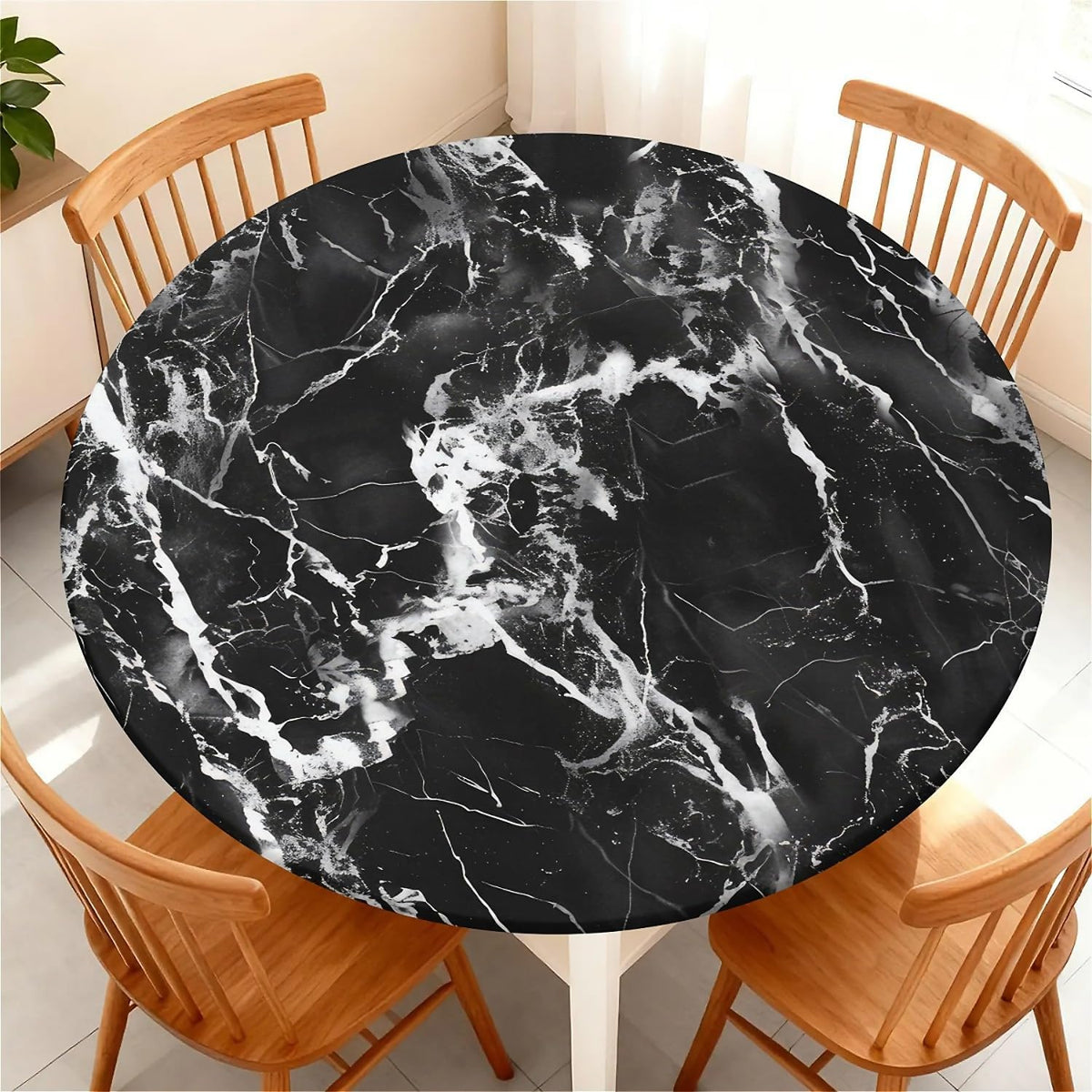 Round Fitted Tablecloth with Elastic Edge, Waterproof Stain Resistant Fabric Table Cover for 45"-48" Round Table, Indoor Outdoor Dining, Kitchen Decor, Camping, Party, Holiday, Black White Marble