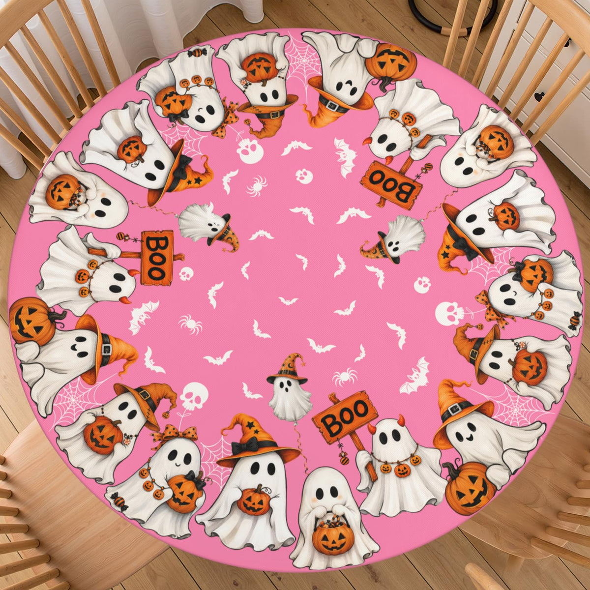 Halloween Polka Dot Round Fitted Tablecloth with Elastic Black Cat Ghost Pumpkin Bat Bowtie Whimsical Table Cloth Decorative Washable Spooky Cute Table Cover Outdoor Kitchen Dining for 44"-48" Table