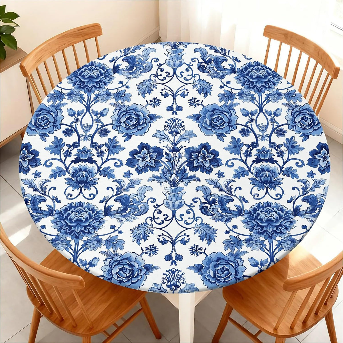 Round Fitted Tablecloth with Elastic Edge, Waterproof Stain Resistant Fabric Table Cover for 45"-48" Round Table, Indoor Outdoor Dining, Kitchen Decor, Camping, Party, Holiday, Black White Marble