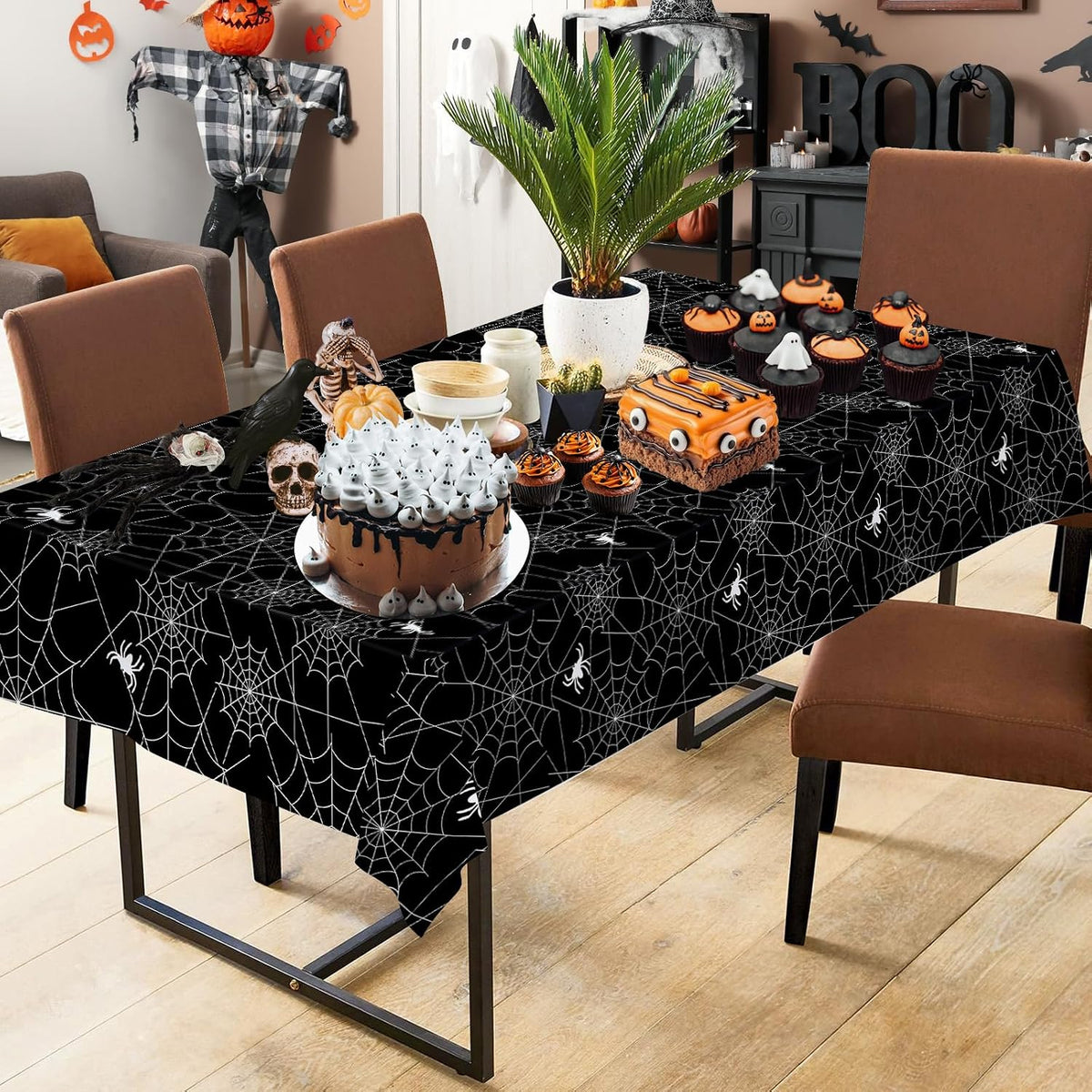 2 Pcs Halloween Tablecloth - Plastic Halloweens Spider Webs Table Cloth, Black Disposable Rectangle Spiderweb Table Cover for Halloween Party Decorations Supplies Favors Tables Decor, 108 x 54 Inch