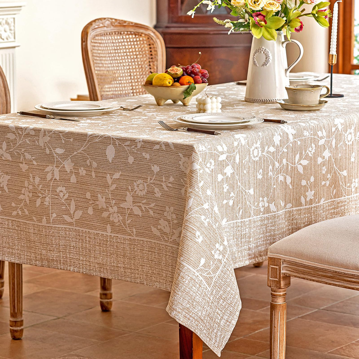 Midsummer Breeze French Country Beige Floral Tablecloth Rectangle 60”x75”
