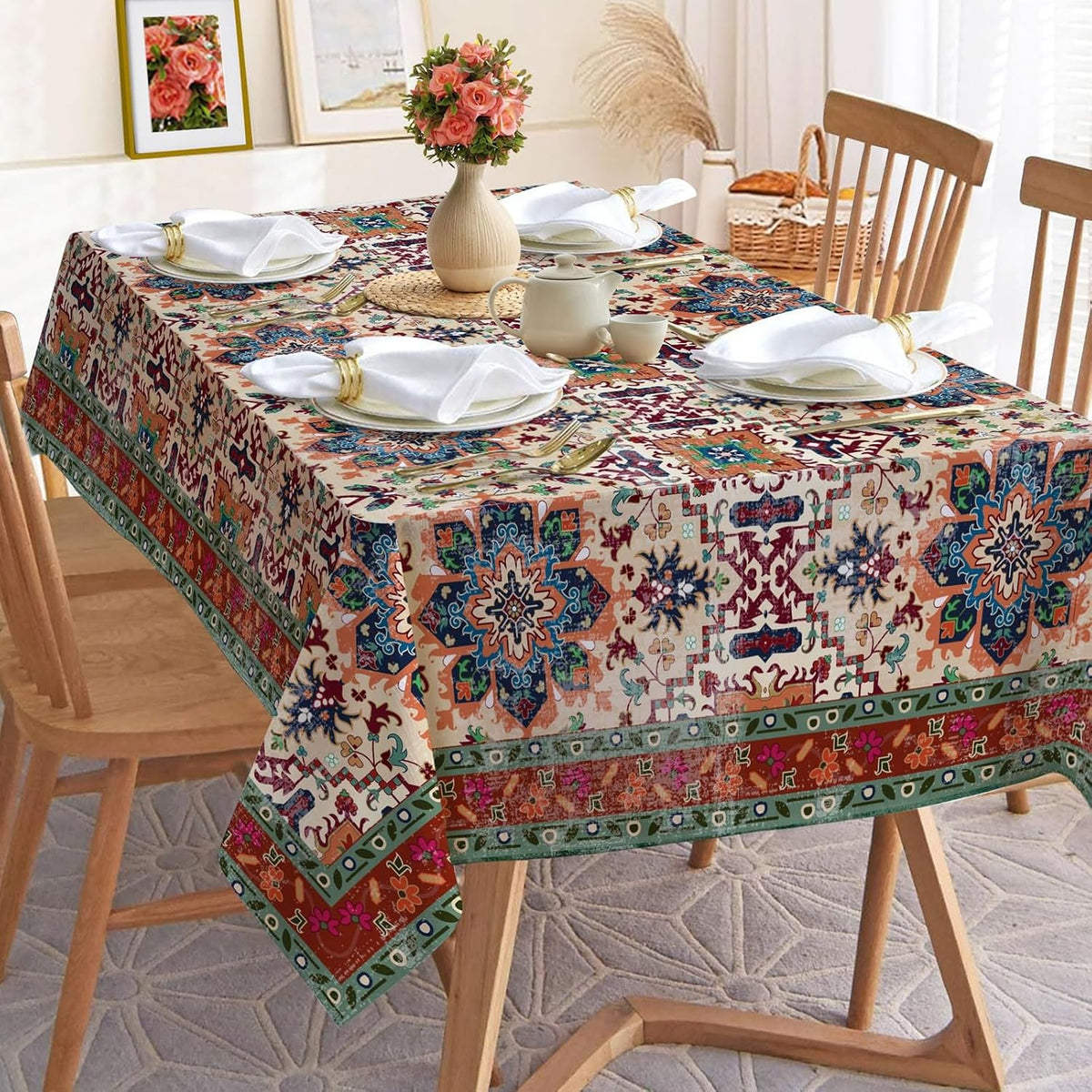 Hexagram Boho Tablecloth 60x84 Inches Rectangle, Bohemia Style Tablecloth