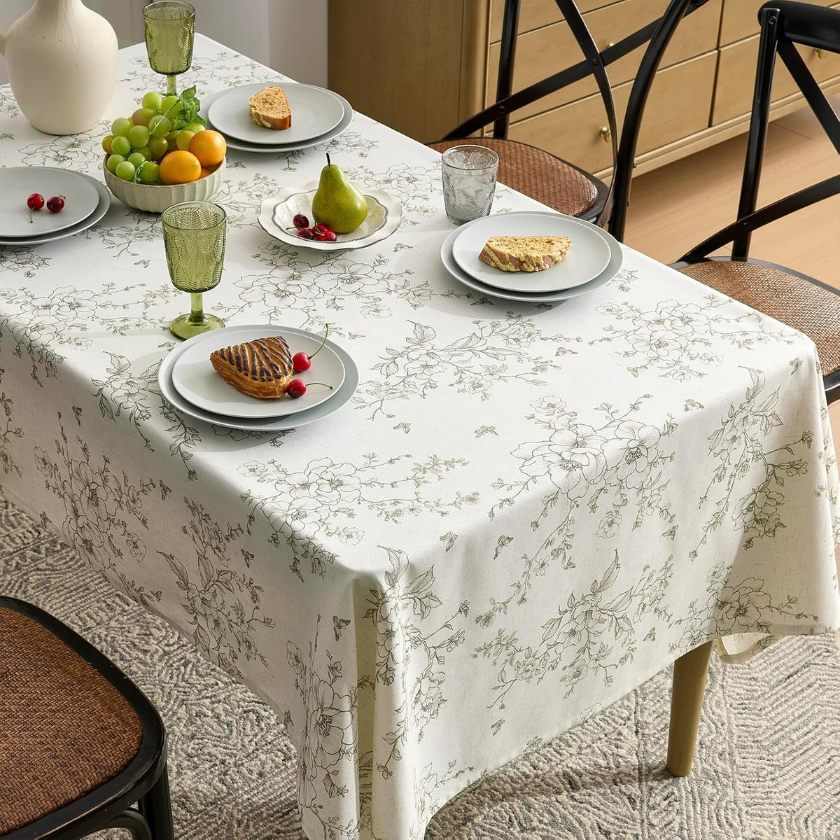 Green Floral Tablecloth Vintage French Rustic Linen Tablecloth Rectangular