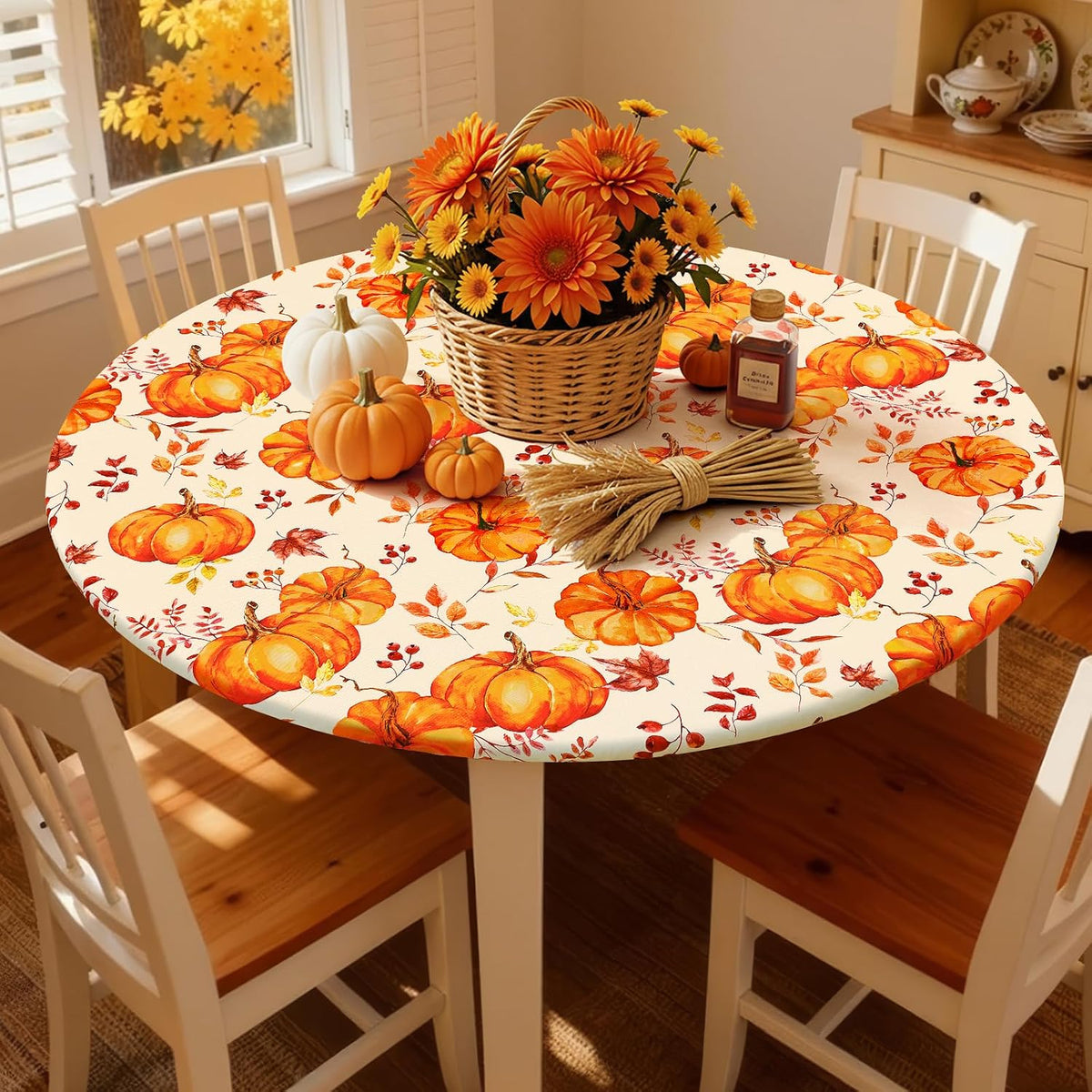 Smiry Thanksgiving Round Spandex Tablecloth, Fitted Cover for 36"-44" Table
