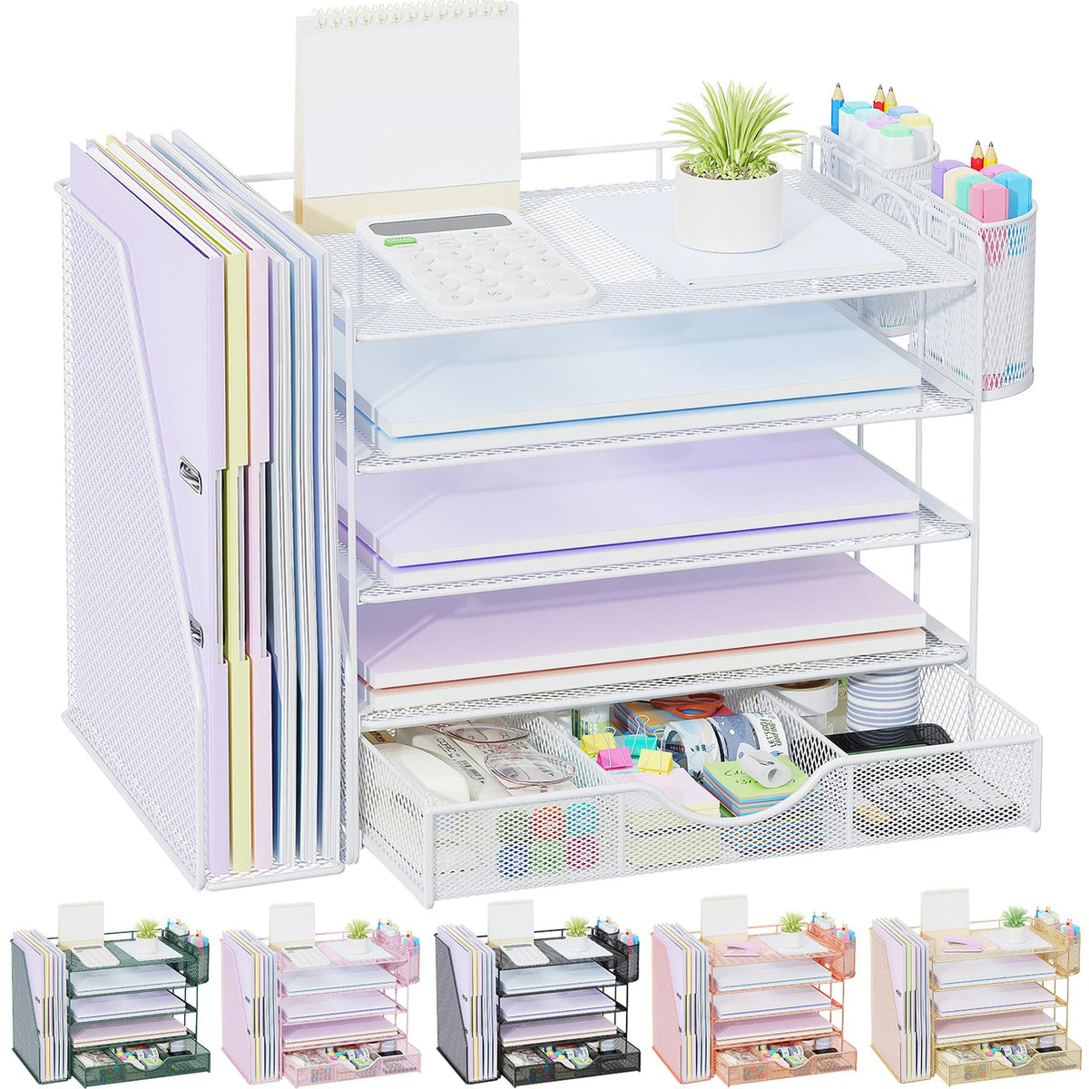 gianotter Desk Organizers and Accessories with File Holder, 4-Tier Desk Accessories & Workspace Organizers with Drawer and 2 Pen Holder, Paper Organizer for Office Supplies (Blue)