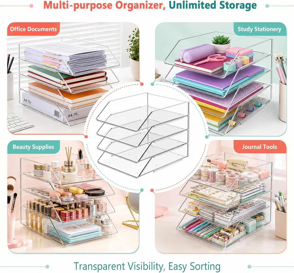 4 Tier Stackable Acrylic Paper Organizer Letter Tray for Desk