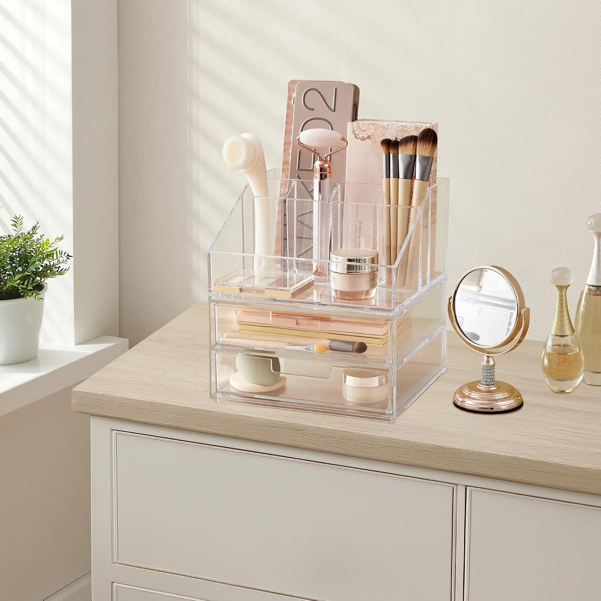 STORi Stackable Desk and Drawer Organizer, Clear, 6 Compartment Organizer with 2 Wide Drawers