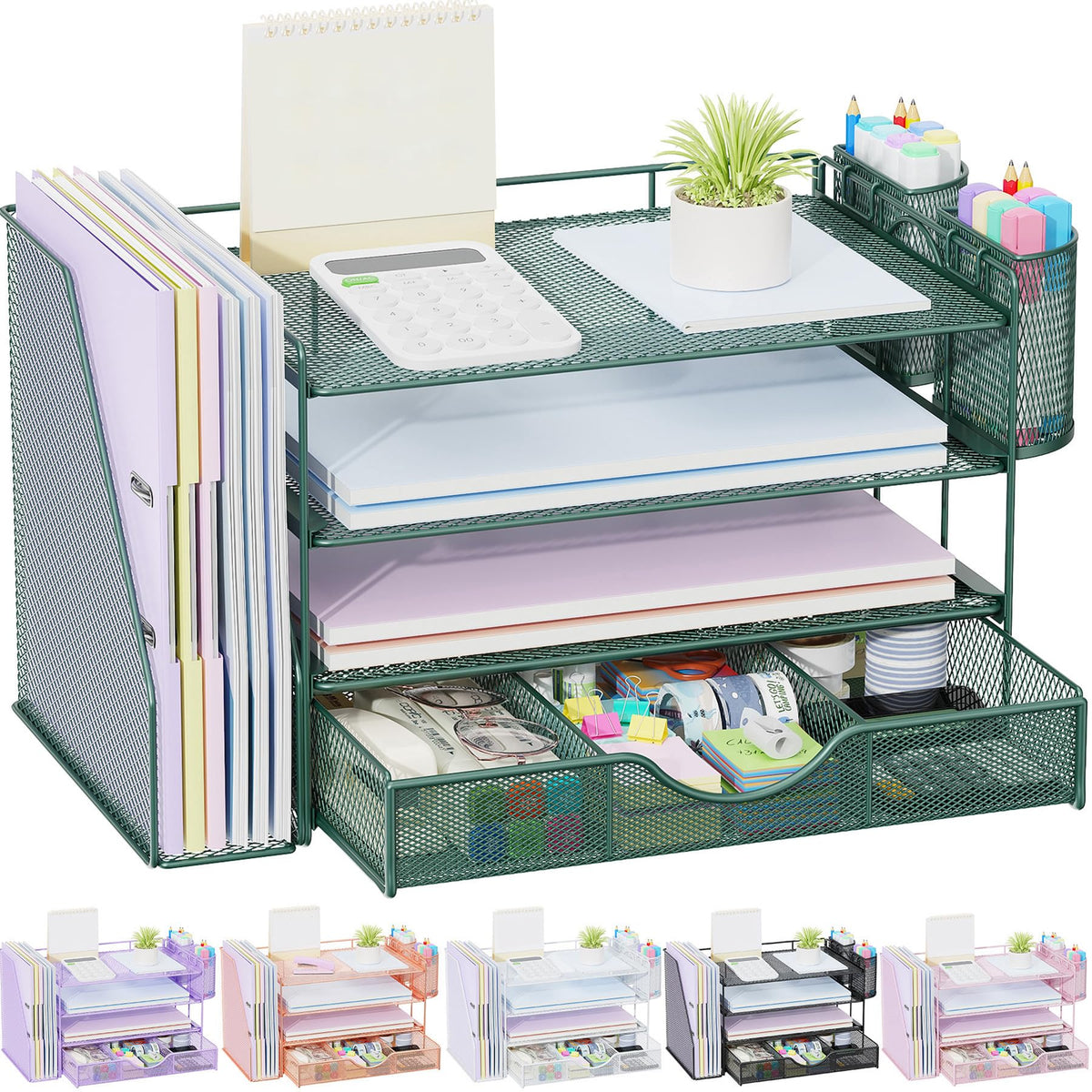 gianotter Desk Organizers and Accessories with File Holder, 4-Tier Desk Accessories & Workspace Organizers with Drawer and 2 Pen Holder, Paper Organizer for Office Supplies (Blue)