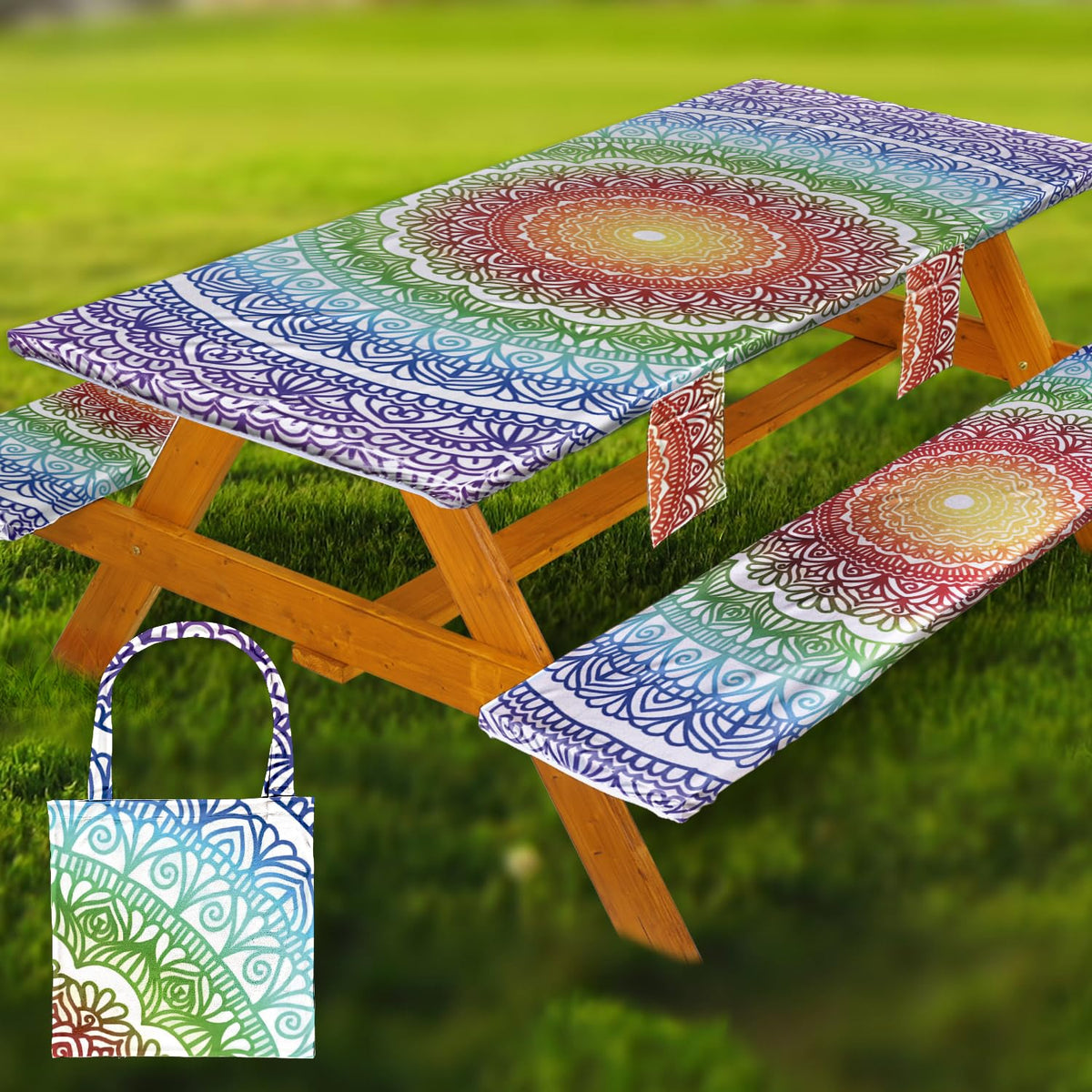 Fitted Picnic Table Cover with Bench Covers Vinyl Waterproof Elastic Edges Fitted Rectangle Tables Patio Tablecloth Camping Gear and Essentials Rv Accessories Road Trip Supplies Car Travel Must Haves