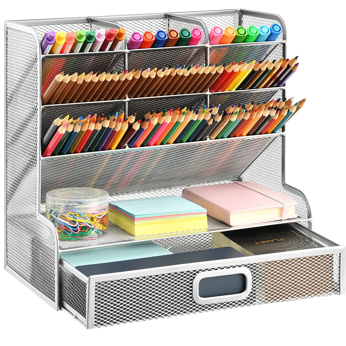 Marbrasse Larger Mesh Desk Organizer with Drawer, Multi-Functional Pen Pencil Holder, Easy Assembly, Desk Organizers and Accessories for Office Art Supplies (Black)