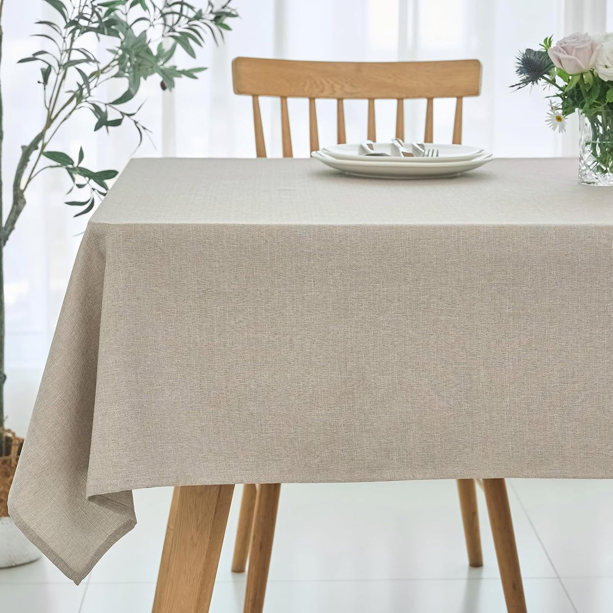 maxmill Rectangle Linen Textured Tablecloth Waterproof Spillproof Wrinkle Free Washable Fabric Table Cloth Kitchen Dining Tabletop Decoration Table Cover for Holiday Dinner Party, 52 x 70 Inch, Linen