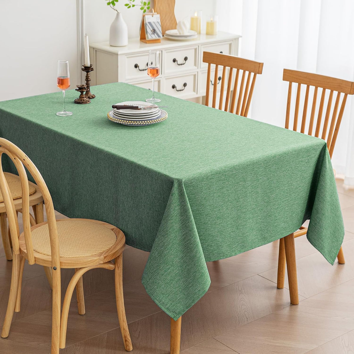 Amazon Basics Rectangle Tablecloth Water-Repellent, Faux Linen Textured Table Cloth Wrinkle Resistant Washable, Decorative Fabric Table Cover for Dining, 52" x 70", Green, Pack of 1