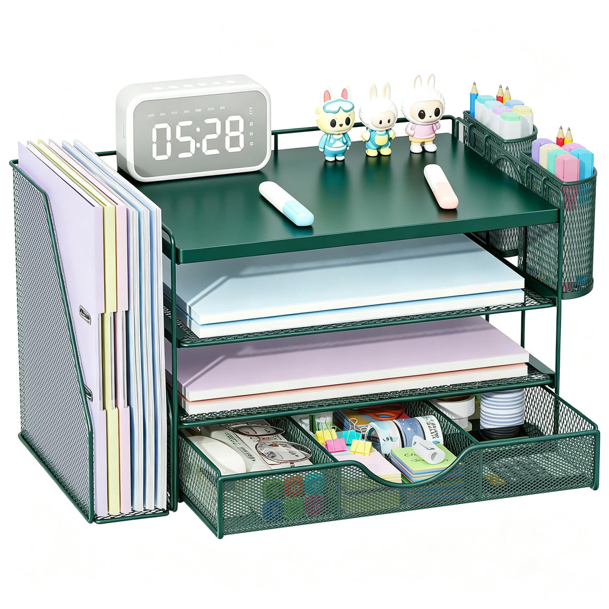 gianotter Wood Desk Organizers and Accessories with File Holder, 4-Tier Desk Accessories & Workspace Organizers with Drawer and 2 Pen Holder, Desk Reference Organizer (Black, 4T with Metal Drawer)