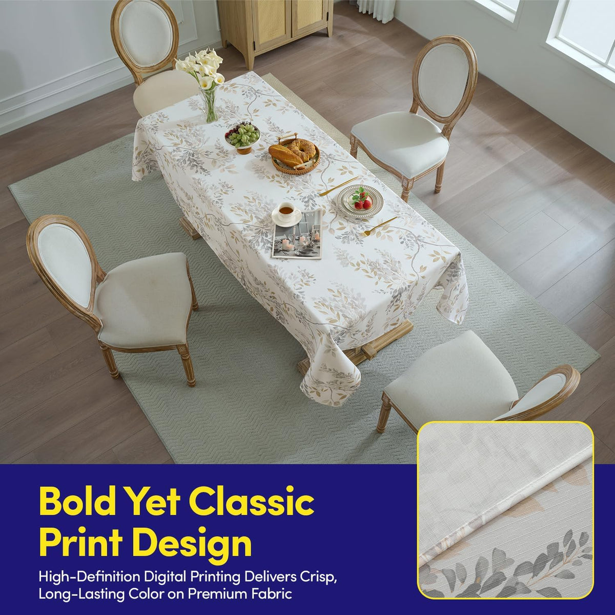 Rectangle Tablecloth 52" x 70" 100% Waterproof Fabric — Wipe-Clean, Tear-Proof Decorative Table Cover for Indoor & Outdoor Dining Elegant Patterns for Kitchens, Dining Rooms, Wynona