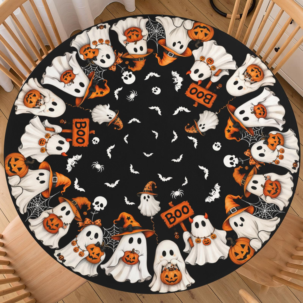 Halloween Polka Dot Round Fitted Tablecloth with Elastic Black Cat Ghost Pumpkin Bat Bowtie Whimsical Table Cloth Decorative Washable Spooky Cute Table Cover Outdoor Kitchen Dining for 44"-48" Table