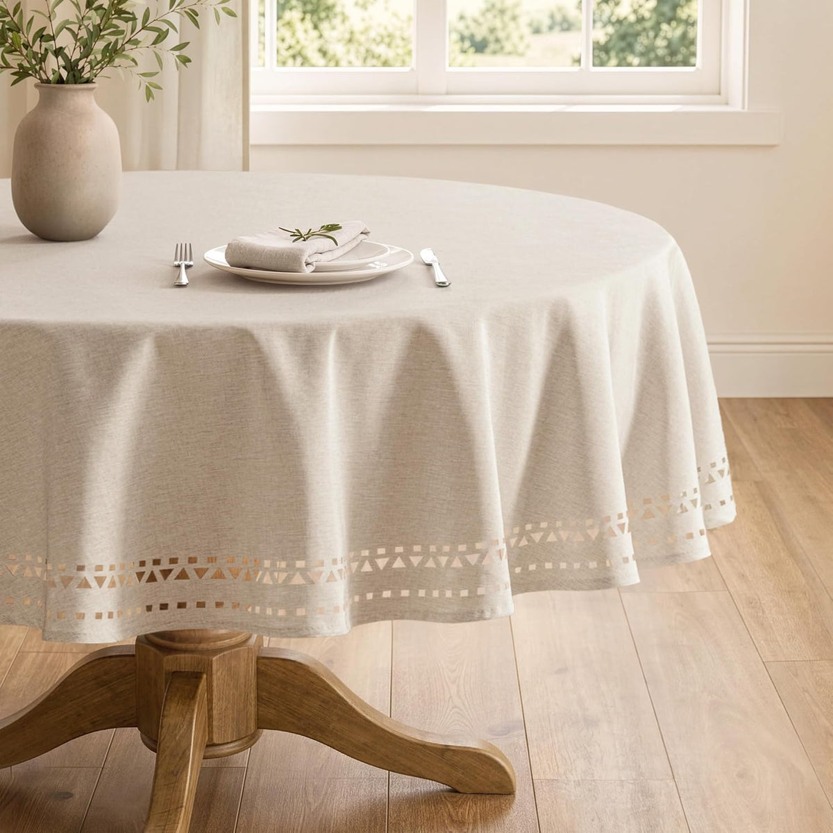 MIULEE 60 Inch Round Tablecloth with Decorative Cutouts Beige