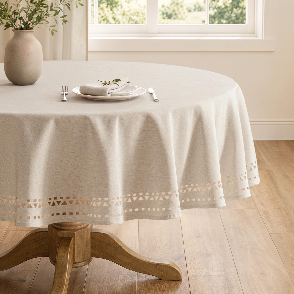 MIULEE 60 Inch Round Tablecloth with Decorative Cutouts Beige