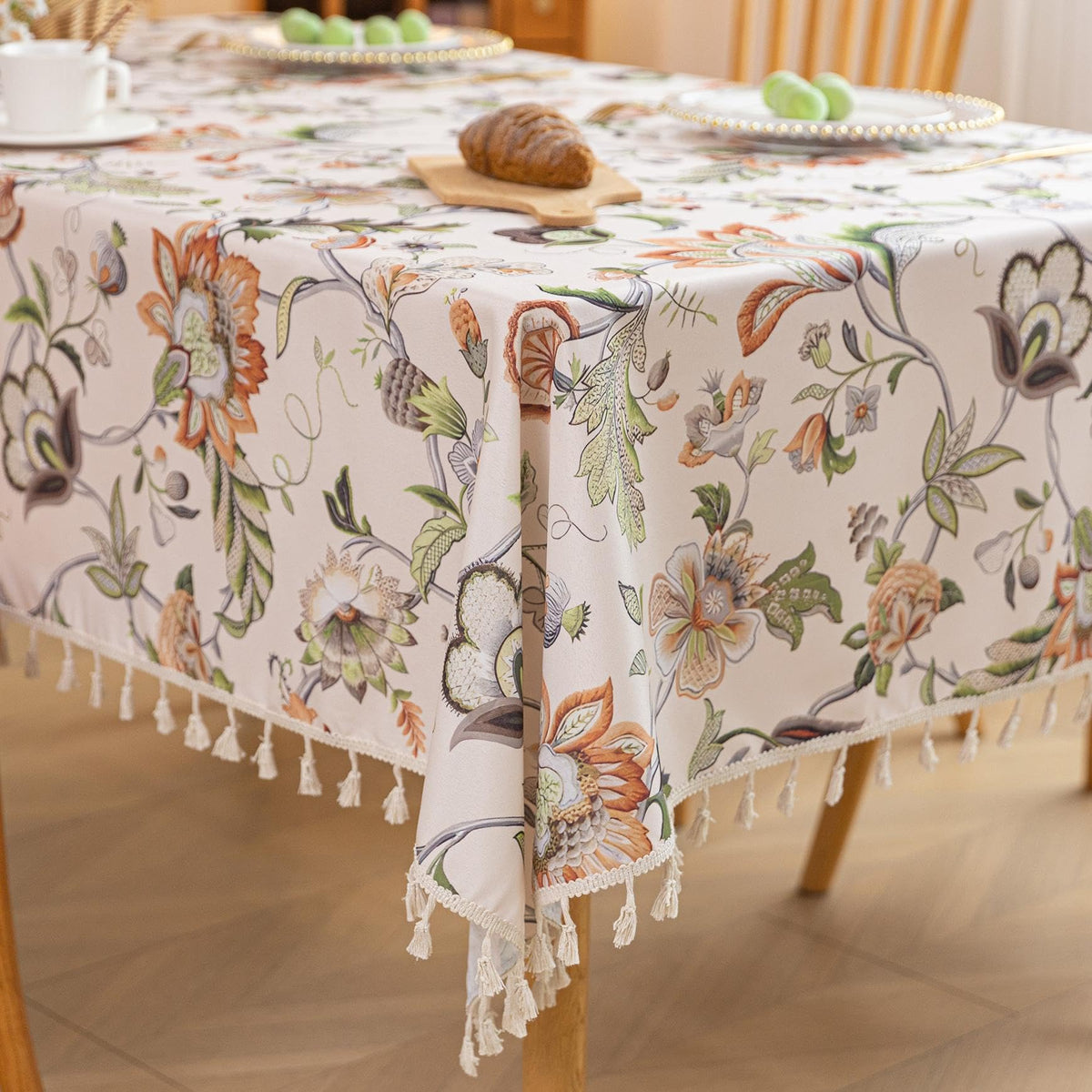 Boho Tablecloth for Square Tables,Fringed Edges with Geometric Pattern Tablecloths,Farmhouse Floral Table Cover Cloth Decorative for Kitchen Dining Room,59"x 59"
