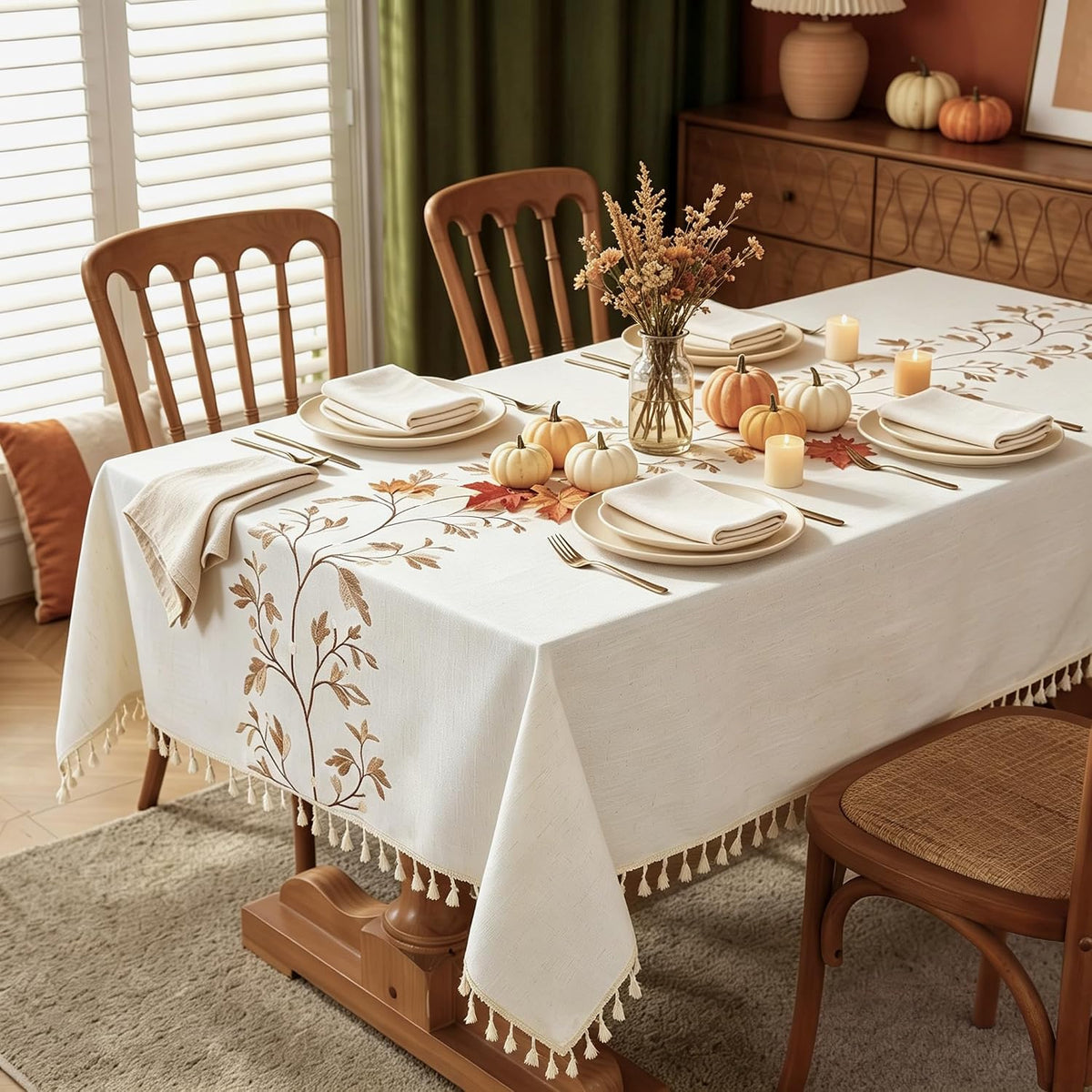 Laolitou Cotton Linen Waterproof Table Cloth for Dining Table Farmhouse Kitchen Rectangle Tablecloth Coffee Wrinkle Free Tables Cover, Beige, Coffee Flower, 55x70 Inch