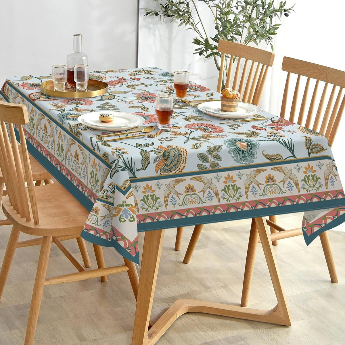Boho Flower Bird Square Tablecloth 70 x 70 Inches