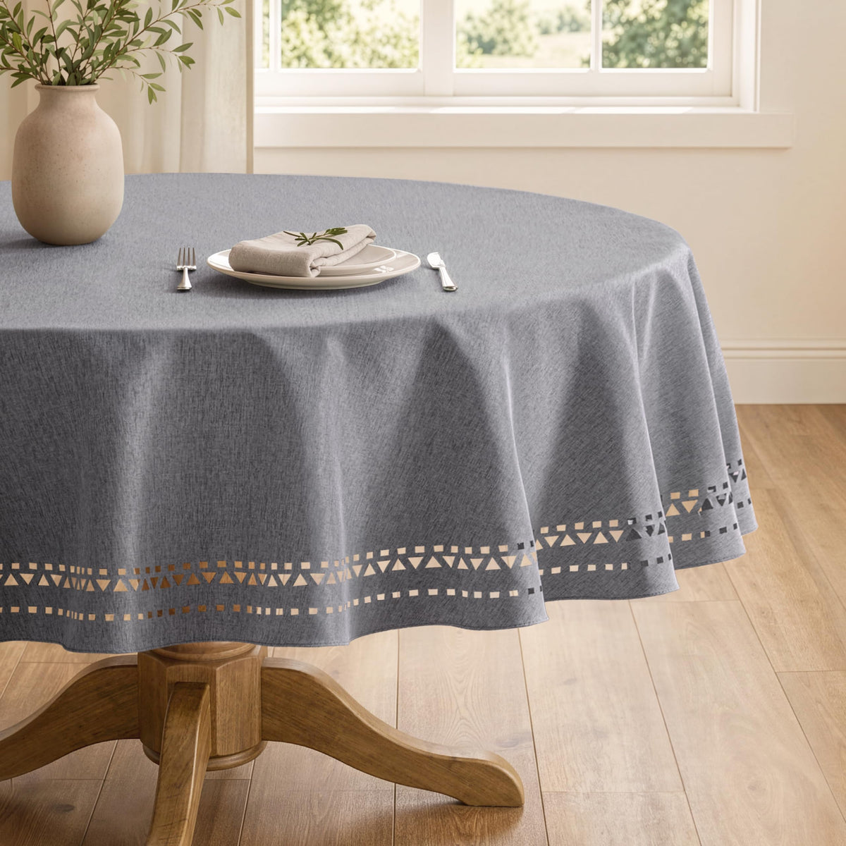 MIULEE 60 Inch Round Tablecloth with Decorative Cutouts Beige