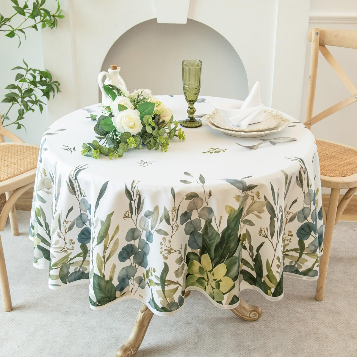 Summer Spring Tablecloth – Waterproof, Stain Resistant, Eucalyptus Floral Design for Dining, Kitchen, Outdoor, Picnic, Easy Clean, Vibrant and Durable Boho Home Decor, W60 x L84