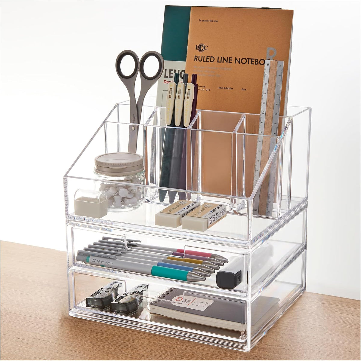 STORi Stackable Desk and Drawer Organizer, Clear, 6 Compartment Organizer with 2 Wide Drawers