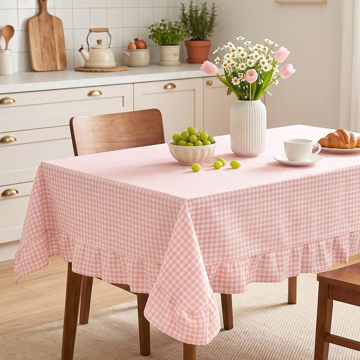 Mindsoft Brown Ruffled Gingham Tablecloth, 52 x 70 Inches, Rectangle