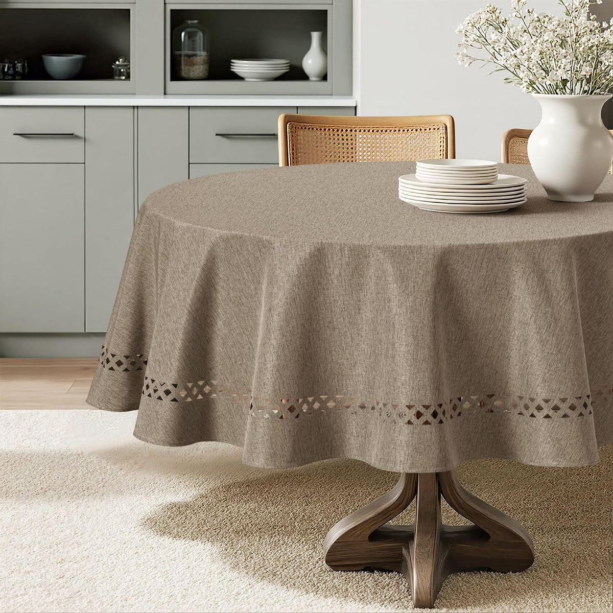 MIULEE Beige 60 Inch Round Linen Tablecloth with Decorative Cutouts