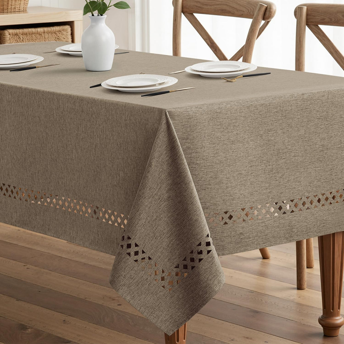 MIULEE Beige 60 Inch Round Linen Tablecloth with Decorative Cutouts