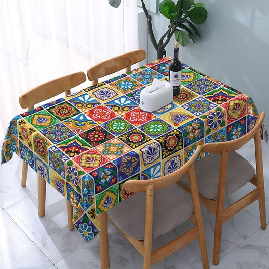 Mexican Rectangle Tablecloth 54" x 72", Colorful Floral Geometric Polyester Table Cover, Waterproof Stain Resistant, Christmas Decorative Table Cloth for Dining Room Kitchen Holiday Party Picnic Decor