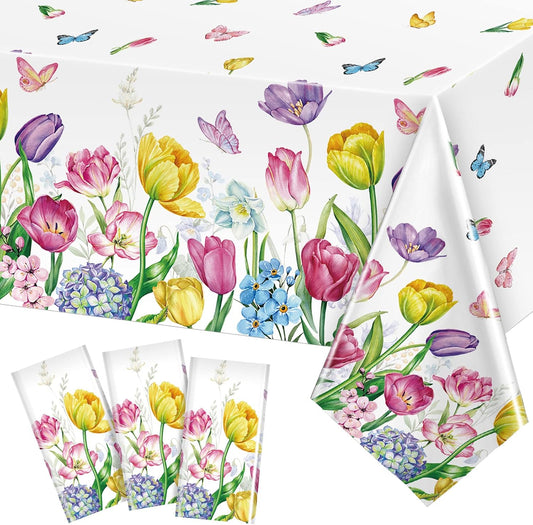 Boyiee 3Pcs Spring Floral Tablecloth Plastic Flower TableCover, Fresh Style