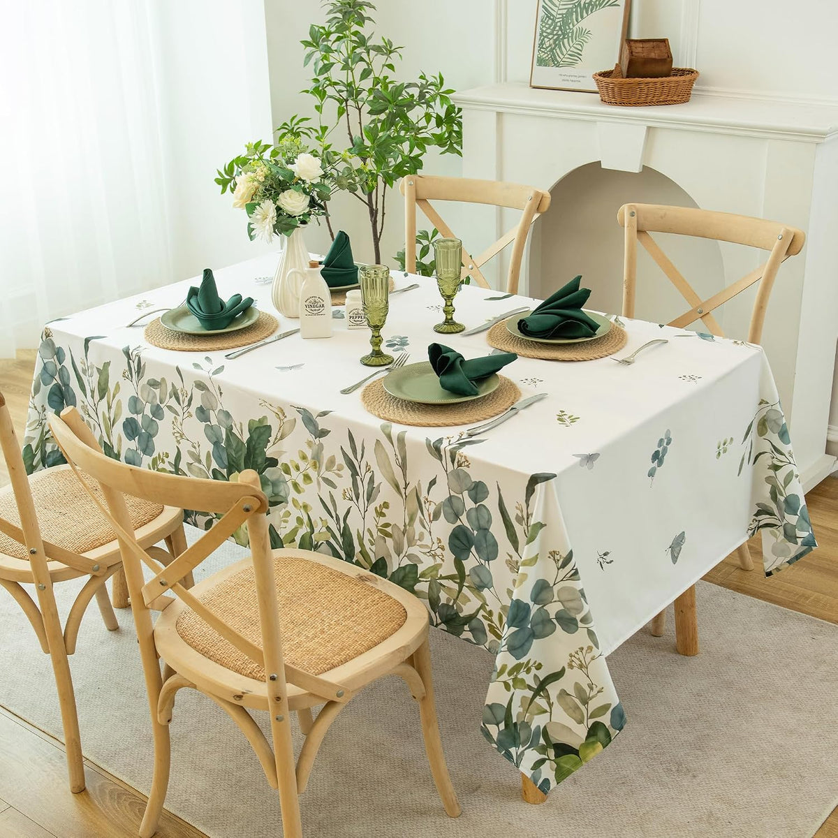 Summer Spring Tablecloth – Waterproof, Stain Resistant, Eucalyptus Floral Design for Dining, Kitchen, Outdoor, Picnic, Easy Clean, Vibrant and Durable Boho Home Decor, W60 x L84